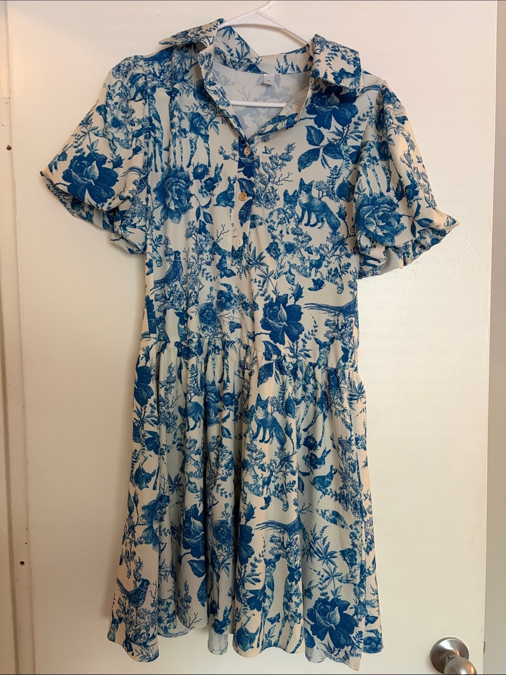 Girls Blue Floral Print Collared Dress